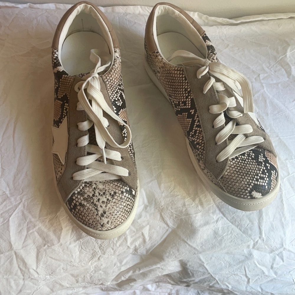 Women’s size 8 Let’s See Style snake print tan, black, and cream sneakers